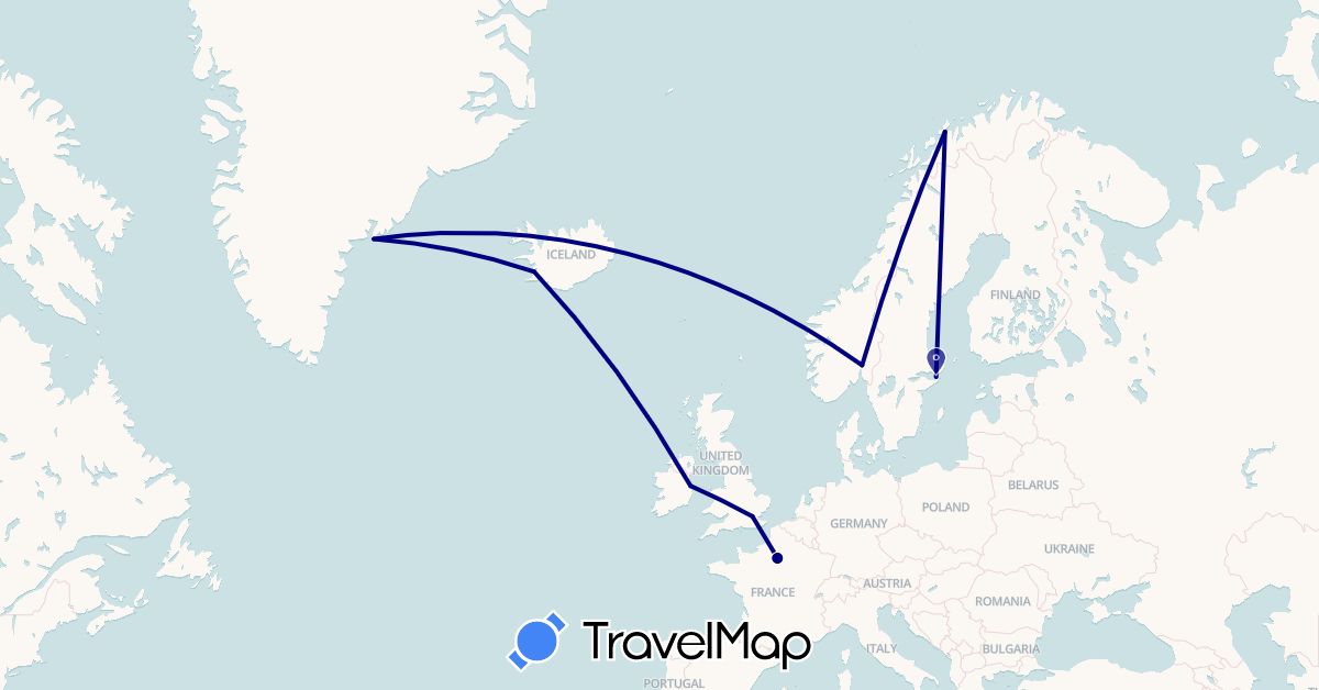 TravelMap itinerary: driving in France, United Kingdom, Greenland, Ireland, Iceland, Norway, Sweden (Europe, North America)